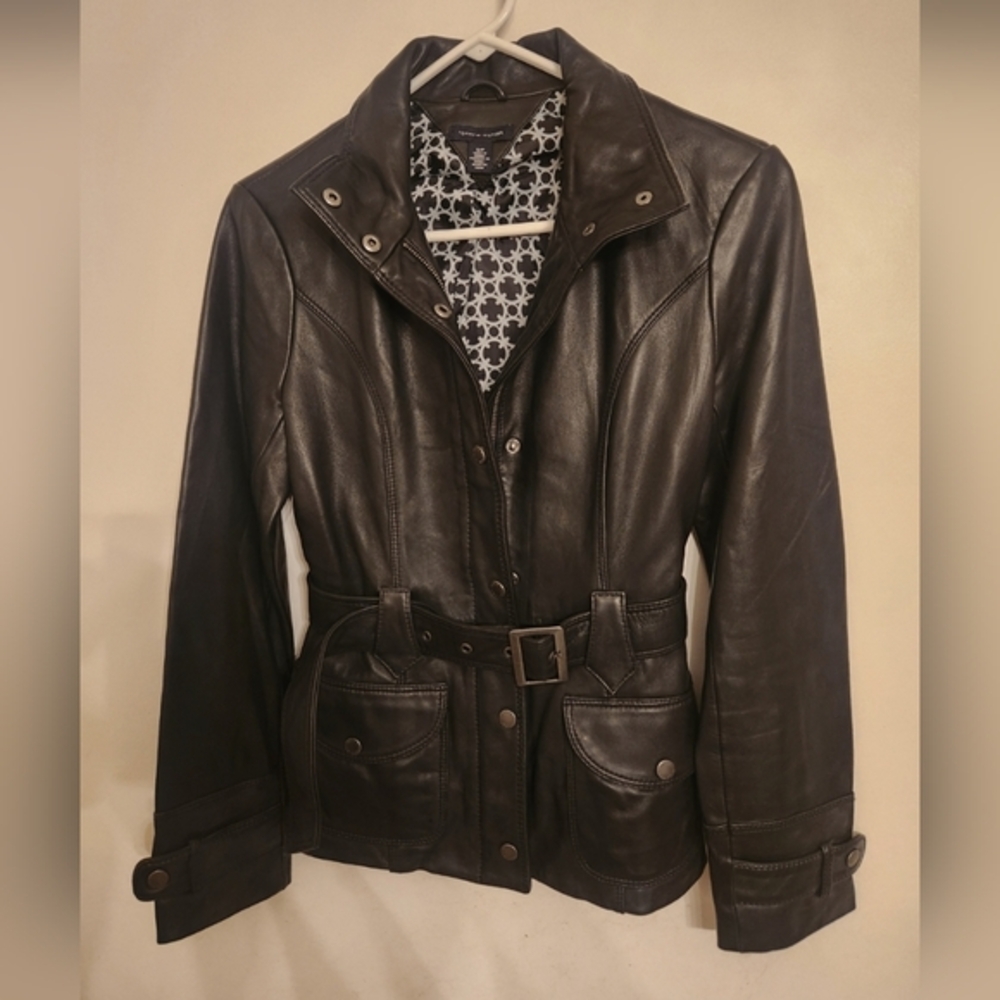 Tommy Hilfiger Black Belted Leather Jacket, Size Small